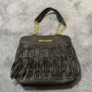 Betsy Johnson Faux Leather Purse Fringe - Black Exterior and Pink Interior
